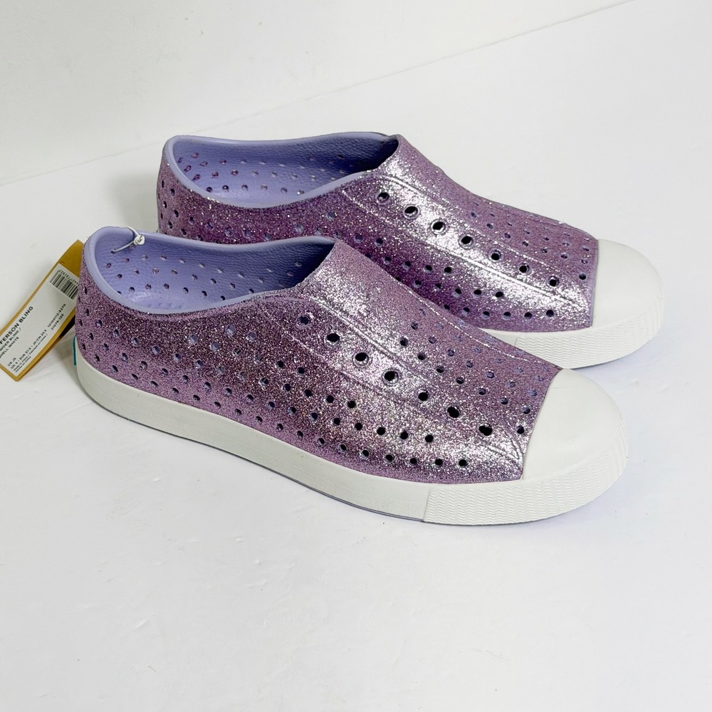 Native Jefferson Bling Shoes Kids Size J5 Purple Glitter Slip On Sneakers